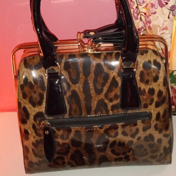 LEOPARD PRINT PATENT LEATHER SATCHEL HANDBAG WITH ATTACHABLE SHOULDER STRAP - Picture 11 of 13